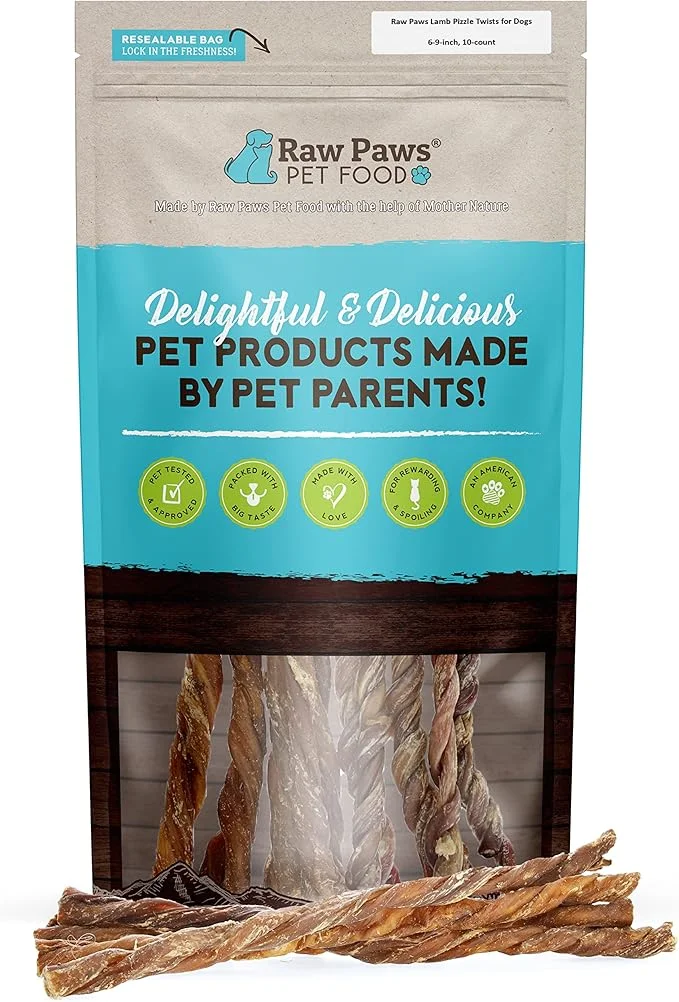 Raw Paws Lamb Pizzle Twists for Dogs, 5-9-Inch (10-Count) - USA Packed Natural Lamb Pizzle Sticks - Free-Range, Digestible Alternative Bully Sticks - Grain-Free Twist Dog Chew - Single Ingredient