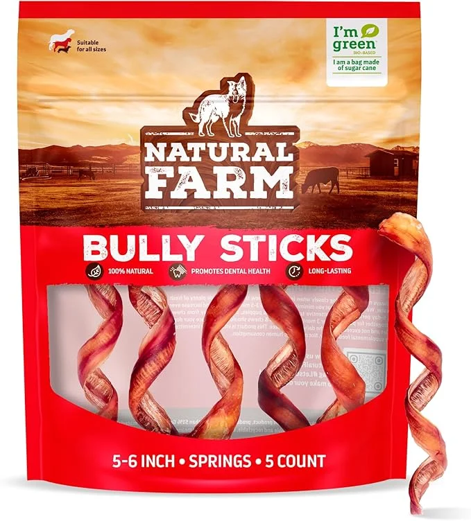 Natural Farm Odor-Free Curly Bully Sticks, (5-6 Inch, 5 Pack), Fully Digestible, 100% Beef Pizzle Chews, More Engagement & Fun, Grass-Fed, Non-GMO, Fully Digestible - Best for Small & Medium Chewers