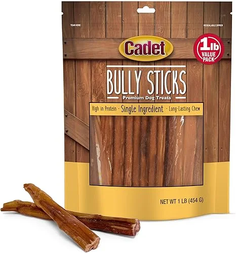 Cadet Bully Sticks for Small Dogs, All-Natural Beef Pizzle, Rawhide-Free Long-Lasting Dog Chews for Aggressive Chewers, 1 Pound