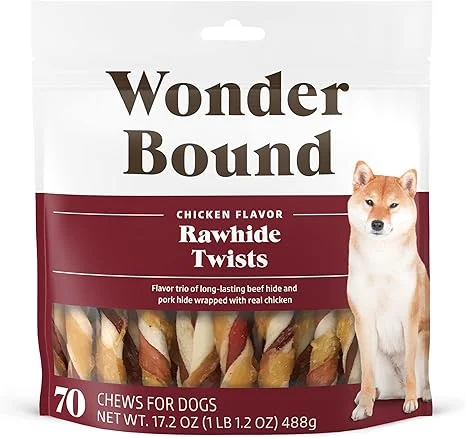 Amazon Brand - Wonder Bound Chicken Flavor Dog Rawhide Twist Sticks, 70 Count, 1.08 pound (Pack of 1)