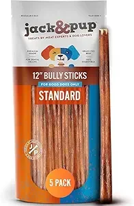 Jack&Pup 12 Inch Standard Bully Sticks for Medium and Large Dogs (5 Pack) Single Ingredient Dog Chew Bully Stick