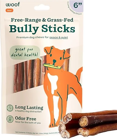 WOOF Bully Sticks Dog Treats - Chew Sticks for Dogs - Long-Lasting Dog Chew Treats - Made with Free-Range, Grass-Fed Beef - 6