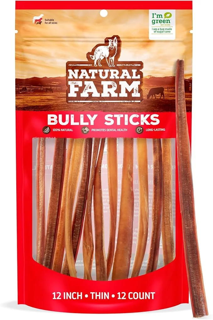 Natural Farm Odor-Free Thin Bully Sticks (12”, 12-Pack) All-Natural Long-Lasting Dog Chews, 100% Beef Pizzle, Grass-Fed, Grain-Free, Protein for Muscle Development & Energy, Perfect for Large Dogs