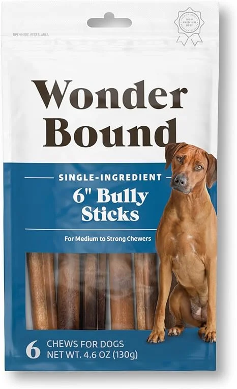 Amazon Brand - Wonder Bound Bully Sticks, All-Natural, Highly Digestible, Long Lasting Dog Beef Treats, 6 inch, (6 Count)