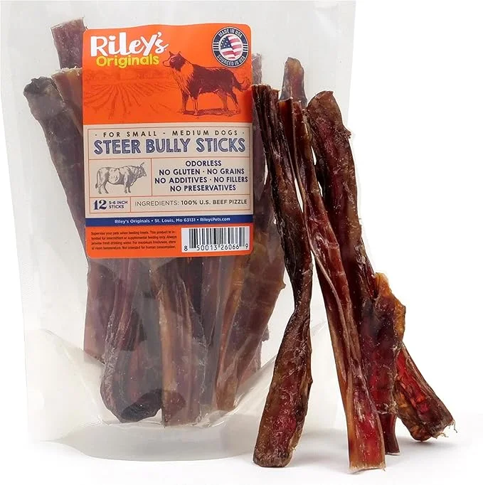 Riley's Steer Bully Sticks for Small to Medium Dogs - Single Ingredient Dog Treat, Easily Digestible, 100% Beef Pizzle Sticks - 5-6