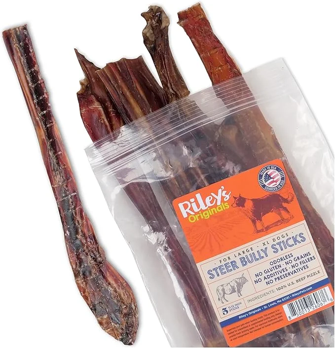 Riley's Steer Bully Sticks for Large to XL Dog Breeds - Odor Free, Single Ingredient Treat - Easily Digestible, 100% Beef Pizzle Sticks for Dogs - 12