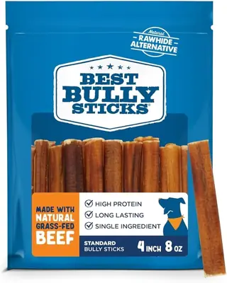 Best Bully Sticks 4 Inch Bully Sticks - 8 oz (Pack of 1) - Natural Grass-Fed, Grain and Rawhide Free, Ideal for Small or Young Canines
