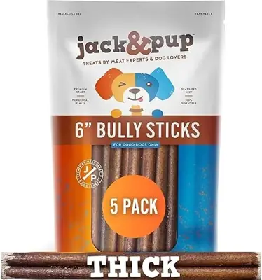 Jack&Pup 6 Inch Bully Sticks for Dogs (5 Pack) Extra Thick Dog Chews Long Lasting, Single Ingredient, 100% Beef Bully Sticks for Large Dogs
