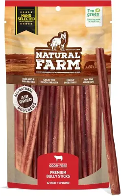 Natural Farm Odor-Free Select Bully Sticks, (12-Inch, 1-Pound), Hand Selected for Consistent Thickness, 100% Beef Pizzle Dog Chews, Fully Digestible, High Protein, Best Dental Treats