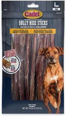 Cadet Bully Hide Sticks for Large Dogs – All-Natural Beef Pizzle, High Protein, Low Fat, Long-Lasting, Grain & Rawhide-Free Dog Chews for Aggressive Chewers, Large (8 Count)