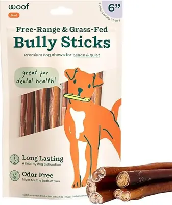 WOOF Bully Sticks Dog Treats - Chew Sticks for Dogs - Long-Lasting Dog Chew Treats - Made with Free-Range, Grass-Fed Beef - 6